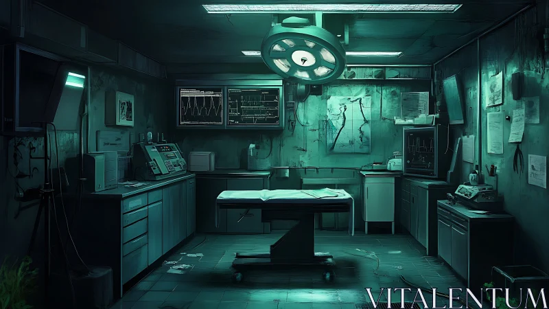 Derelict surgical theater with teal forensic monitor glow