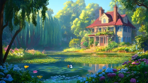 Country house stands beside lily-covered pond in daylight