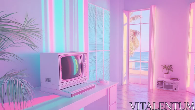 Retro computer workstation stands in neon-lit coastal room