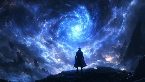 Lone silhouette confronts luminous cosmic vortex in deep space