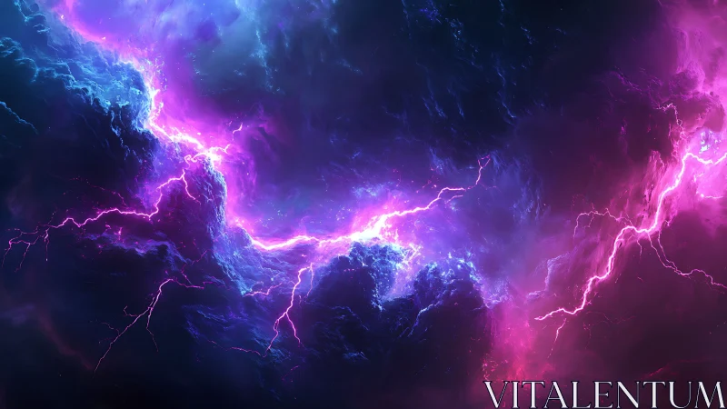 Neon tempests carve glowing fault lines through cosmic night