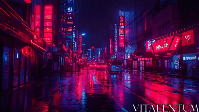 Neon-lit rain-soaked city street displays strong magenta-blue contrast