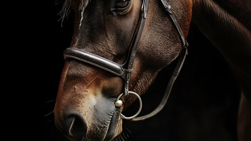 Close-up profile of bridled brown horse on dark background.