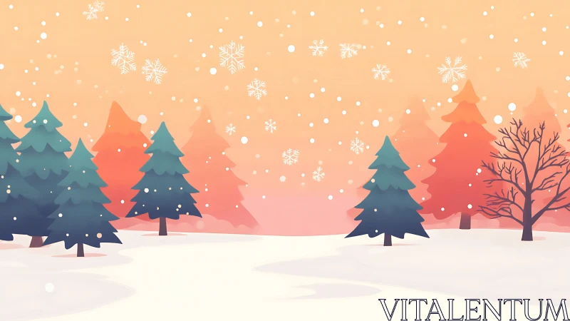 Stylized winter forest under pastel sunset snowfall.