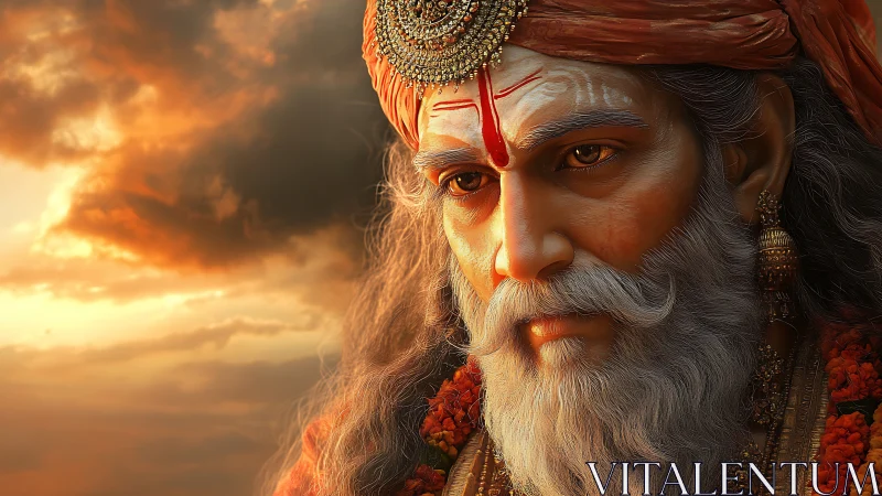 Serene sage gazes into a glowing sunset sky in quiet prayer