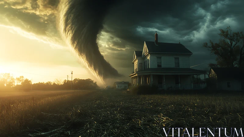 Massive tornado bearing down on isolated farmhouse at dusk