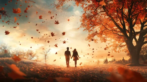 Couple Walking Through Autumn Leaves at Sunset.