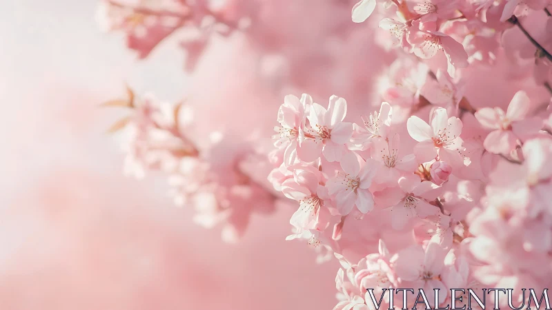 Blush storm of cherry blossoms drifting in soft daylight.