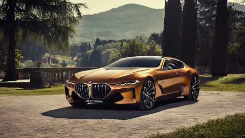 Copper-gold BMW grand tourer concept under cinematic daylight.