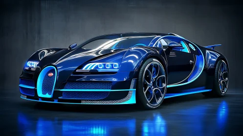 Electric blue hypercar stands under glossy studio lighting