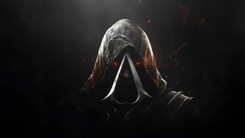 Hooded figure with metal crest and red emissive eyes in darkness