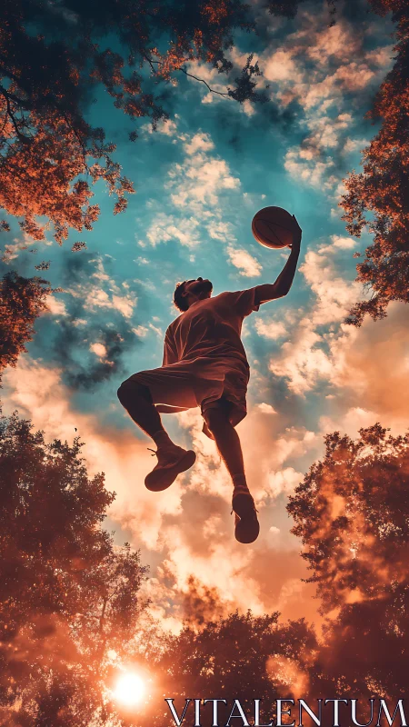 Low-angle silhouette of airborne basketball player at sunset