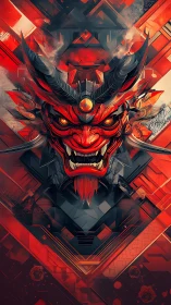 Symmetrical demonic mask rendered in angular geometric red forms