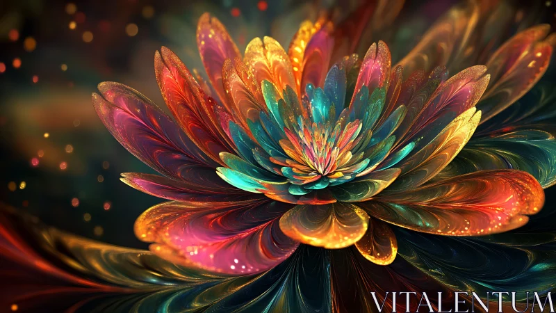 Fractal chrysanthemum bloom with iridescent multicolor petals