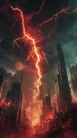 Apocalyptic megacity skyline split by molten red lightning.
