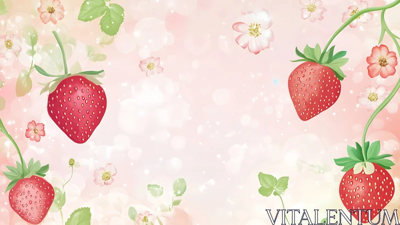 Ripe strawberries float among soft blossoms on pink light.