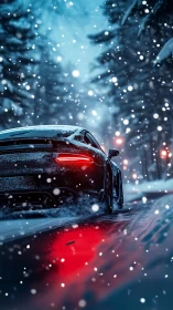 Midnight sports car slicing through a snowy forest road.