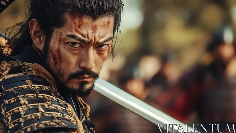 Resolute samurai warrior holding firm in the heat of battle.