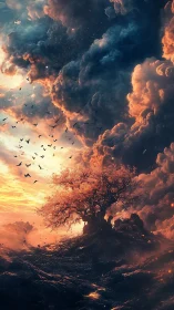 Solitary blazing tree under stormy ember filled sky.