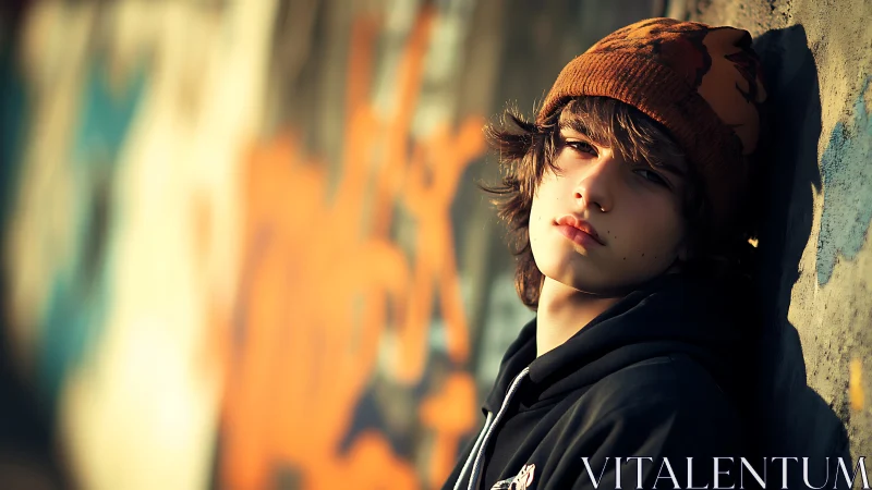 Urban portrait of pensive youth against bokeh graffiti wall