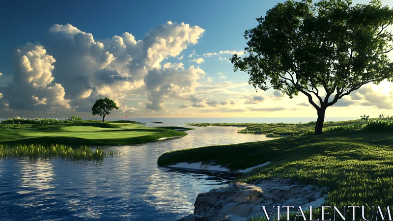 Sunlit riverside fairway with calm skies and soft clouds.