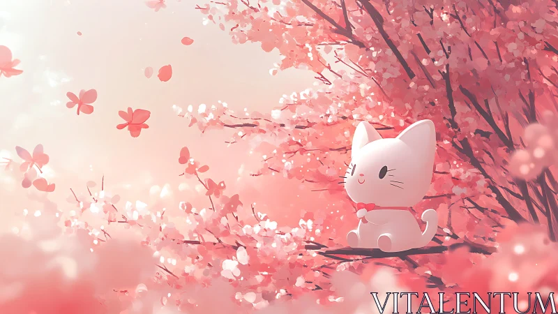 Blossom-bright kitten listens to the quiet pink morning