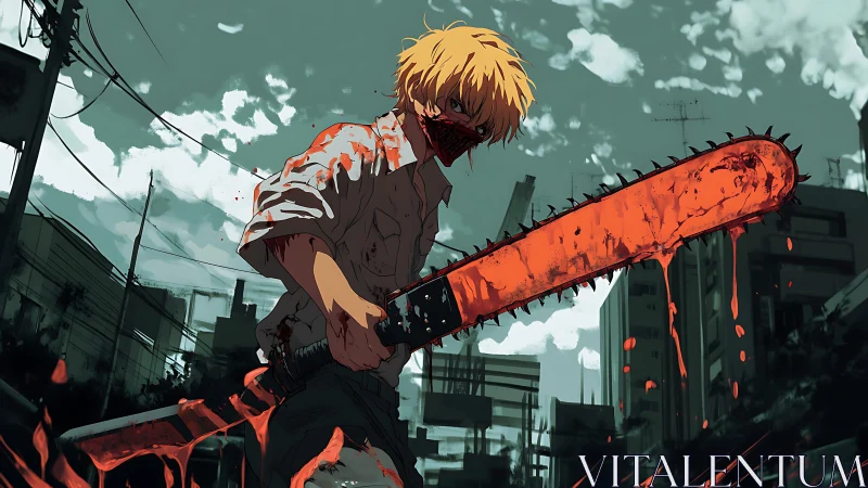 Blood-soaked anime fighter wields oversized chainsaw in ruined city