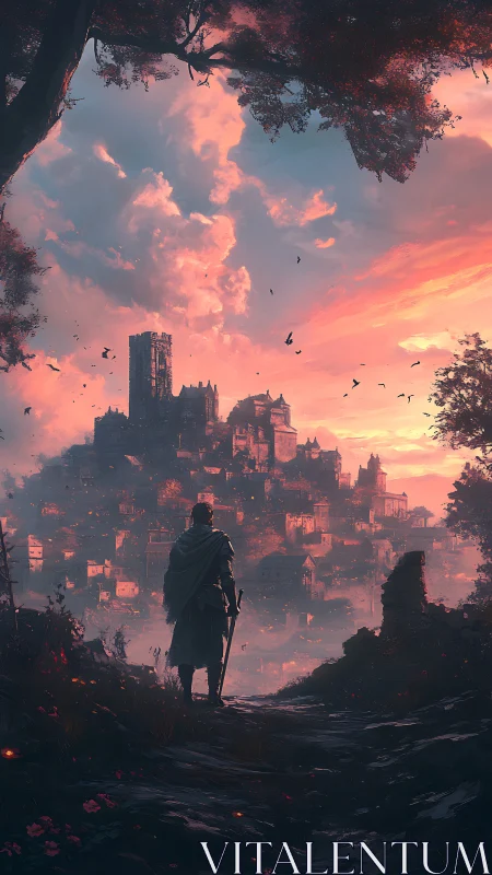 Lone wanderer gazes upon a misty medieval city at dusk