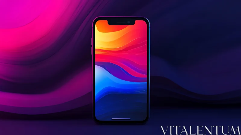 Modern smartphone displays vibrant wave gradient wallpaper with flowing colors.