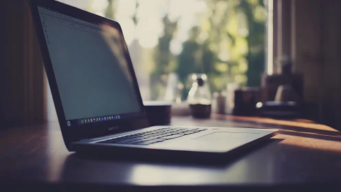 Slim laptop rests on wooden desk in soft morning light.
