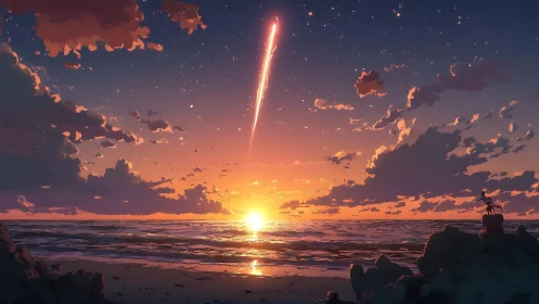 Gentle seaside sunset with a hopeful falling star overhead.