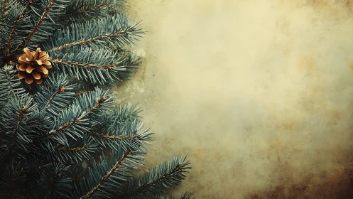 Pine branches with cone occupy left side against textured wall