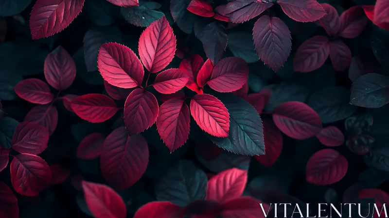 Crimson foliage cluster under moody teal shadowed canopy.