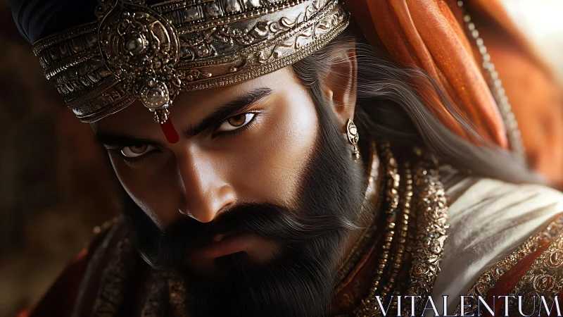 Regal warrior prince with jeweled crown and intense gaze.