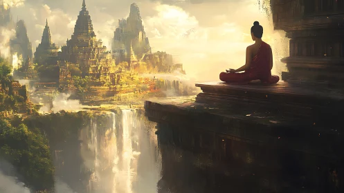 Monk overlooks luminous waterfall temples at sunrise.