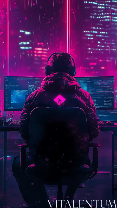 Cyberpunk coder at neon workstation in rainy night city.
