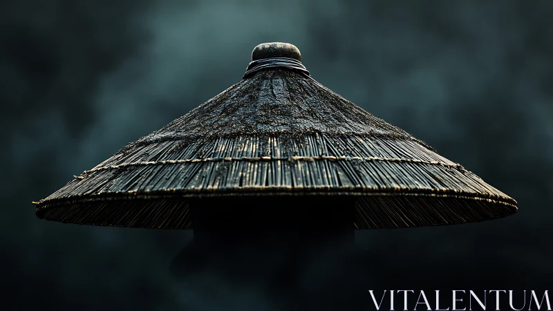 Woven straw hat in misty light with quiet cinematic charm.