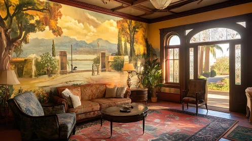 Sunlit salon with panoramic Tuscan-style landscape mural.