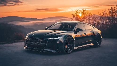 Black sports sedan parked on mountain road at sunset