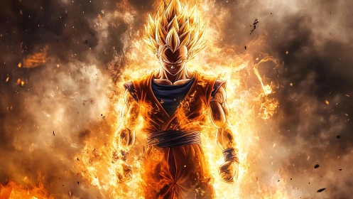Fiery anime warrior encased in dynamic combustion aura.