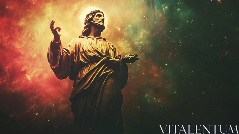 Statue of robed figure stands illuminated against cosmic nebula