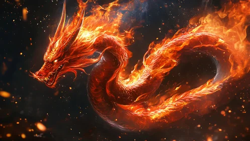 Fiery serpentine dragon rendered in glowing digital flames.
