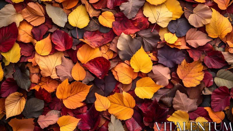 Overlapping autumn foliage forms a dense chromatic field