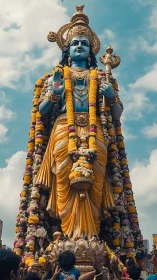 Towering festival deity statue draped in floral garlands.