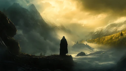 Digital painting of cloaked wanderer in luminous alpine valley.