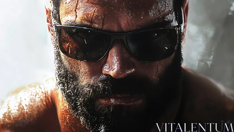 Sunburned stoic in blackout shades, simmering with resolve.