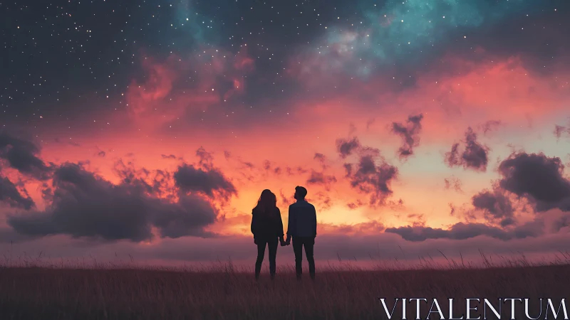 Silhouetted pair under chromatic nebular twilight skyfield.