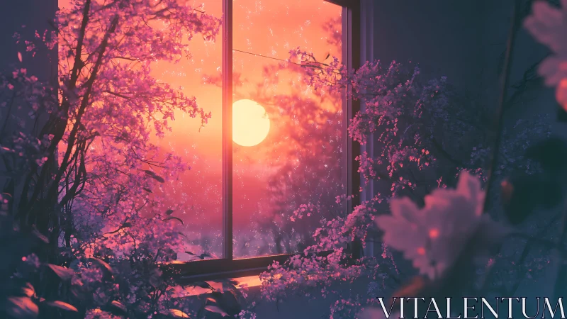 Sunset glows through window framed by dense pink blossoms
