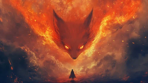 Inferno fox spirit looms over lone wanderer in burning sky.