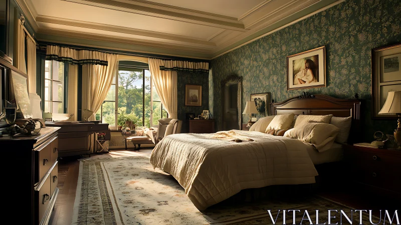Sunlit classic bedroom with elegant wooden furniture details.